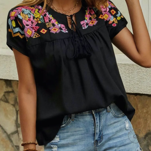 Embroidered Aztec Drawstring Top